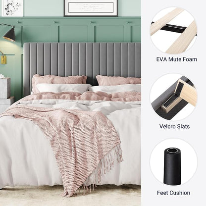 Allewie Queen Bed Frame, Velvet Upholstered Platform Bed with Adjustable Vertical Channel Tufted Headboard, Mattress Foundation with Strong Wooden Slats, Box Spring Optional, Easy Assembly, Grey