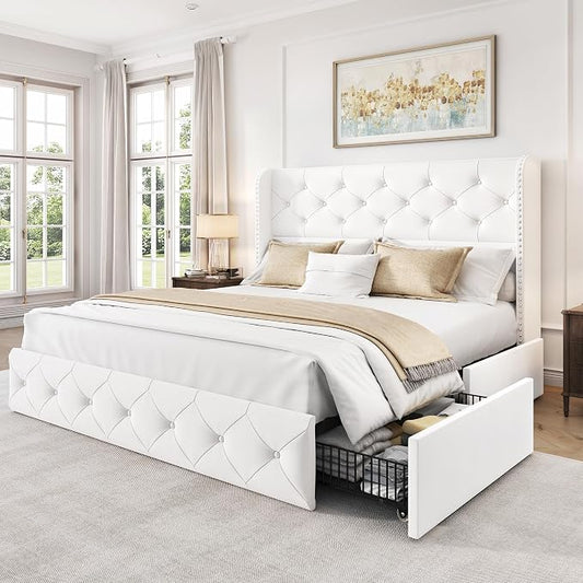 LARMACE Full Size Bed Frame with 4 Storage Drawers and 47.2" Tall Wingback Headboard Velvet Upholstered Platform Bed Frame Tufted Beds with Wooden Slats Support, Easy Assembly, White
