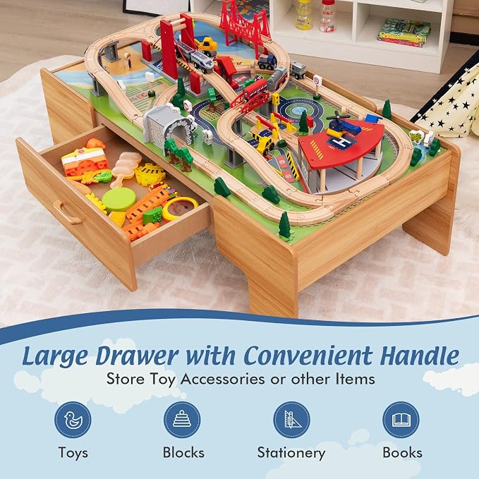 Costzon 2-in-1 Wooden Train Table with Storage Drawer | Kids Activity Table w/ 100 Pieces Railway, Track, Cars, City, DIY Design, Reversible Tabletop, Gift for Boys Girls