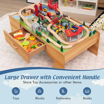 Costzon 2-in-1 Wooden Train Table with Storage Drawer | Kids Activity Table w/ 100 Pieces Railway, Track, Cars, City, DIY Design, Reversible Tabletop, Gift for Boys Girls