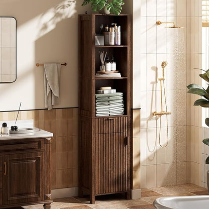 VINGLI 68" Tall Narrow Bathroom Storage Cabinet, Slim Freestanding Floor Cabinet with Fluted Door & Drawer, 12 Inch Deep Skinny Wood Organizer for Small Spaces, Kitchen & Living Room, Dark Walnut