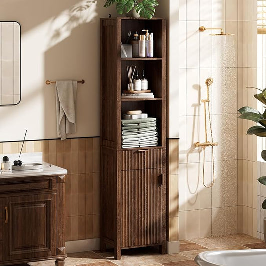 VINGLI 68" Tall Narrow Bathroom Storage Cabinet, Slim Freestanding Floor Cabinet with Fluted Door & Drawer, 12 Inch Deep Skinny Wood Organizer for Small Spaces, Kitchen & Living Room, Dark Walnut