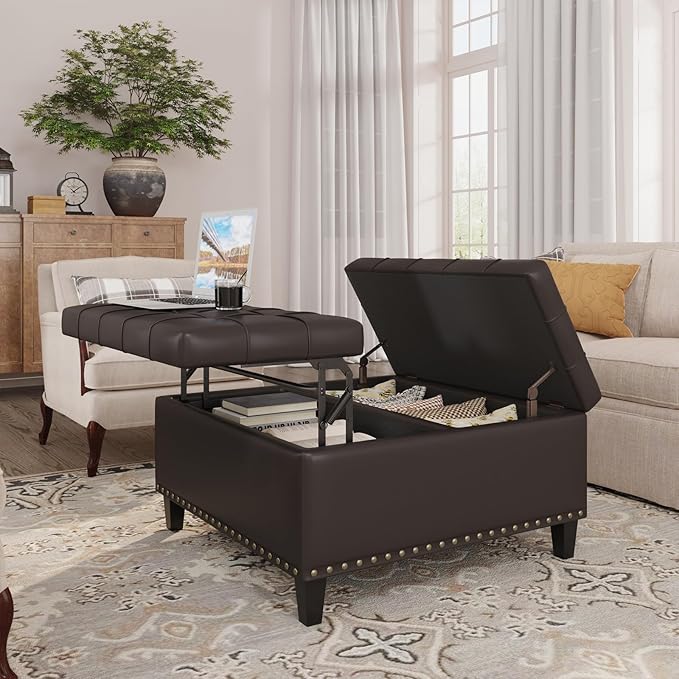 FiveWillowise Square Leather Ottoman with Storage, Faux Leather Coffee Table with Lift Top,Large Upholstered Footrest Stool Toy Box Storage Bench for Bedroom Living Room, Chocolate