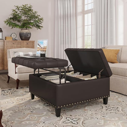 FiveWillowise Square Leather Ottoman with Storage, Faux Leather Coffee Table with Lift Top,Large Upholstered Footrest Stool Toy Box Storage Bench for Bedroom Living Room, Chocolate
