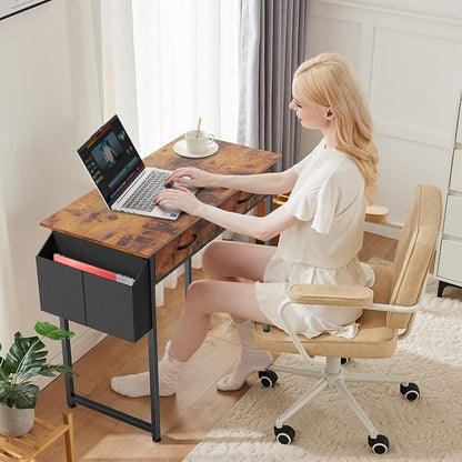 DUMOS 32" Small Home Office Computer Desk with Drawers, Gaming Writing Study Table with Storage Side Bag, Headphone Hook and Adjustable Feet for Bedroom and Escritorio, Brown
