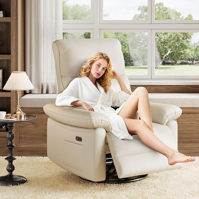 Power Recliner Chair, 270° Swivel Rocking Glider with USB Charging Port, PU Leather Upholstered Fabric and Button Tufted Backrest, Ergonomic Nursery Chair for Living Room (Beige)