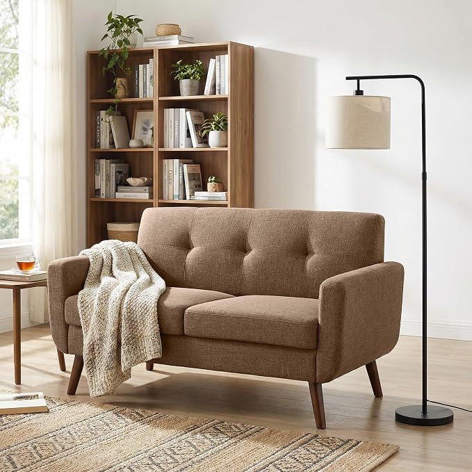 Tbfit 56" W Loveseat Sofa, Mid Century Modern Decor Love Seat Couches for Living Room, Button Tufted Upholstered Small Couch for Bedroom, Solid and Easy to Install Love Seats Furniture, Brown