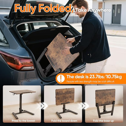 Monomi Mobile Folding Desk 25.6 Inch, Small Sit-Stand Height Adjustable Rolling Laptop Desk, Space-Saving Portable Desk with Wheels for Home Office Craft & Study, Brown