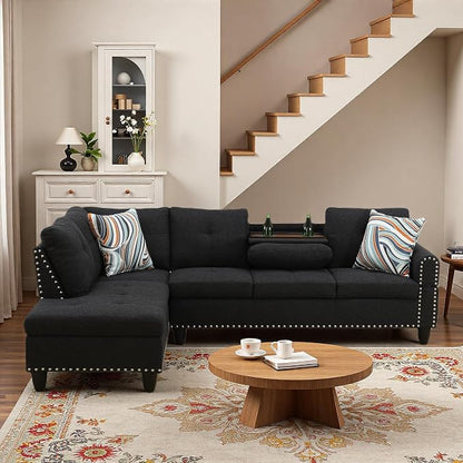 L-Shaped Sectional Sofa, Modern 4-Seat Couch with Built-in Cup Holders, Upholstered Fabric Sectional Couch with Left Facing Chaise for Living Room, Apartment, Office, Black Gray