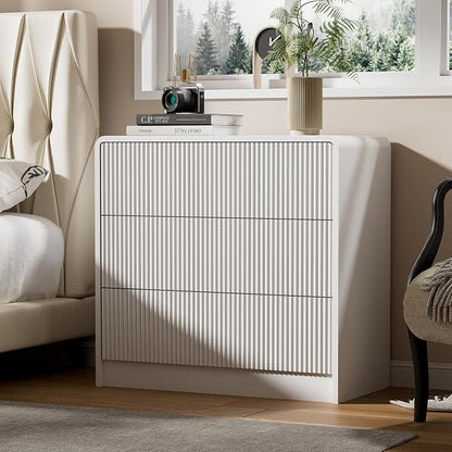 Furniway Bedroom Dresser Set 3 Piece, 6 Drawer Curved Dresser with 2 Nightstands, Modern Fluted Wood Storage Cabinet, White Chest of Drawers with Pop-Up Design, White