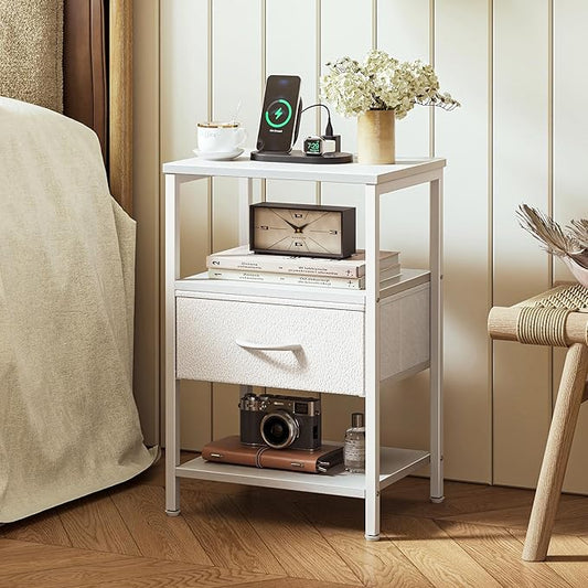 SUPERJARE Nightstand with Charging Station, Bed Side Table with Adjustable Fabric Drawer, Night Stand for Bedroom, 3-Tier Storage End Table, for Living Room, White