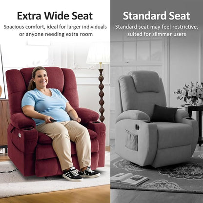 MCombo Big Man Power Lay Flat Lift Chair, Triple Motor Power Lift Recliner with Massage & Dual Heating, Adjustable Headrest, Fabric R7635 (Burgundy, Large-Wide)