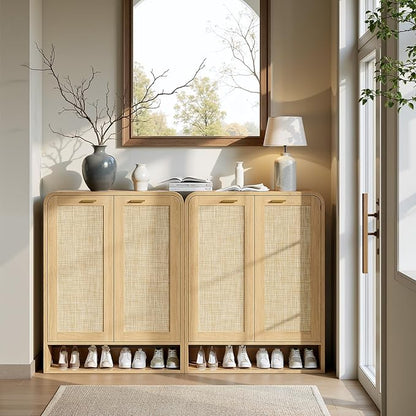 Evermagin 41" Tall Rattan Shoe Storage Cabinet, 24 Pairs Shoe Cabinet for Entryway, 5-Tier Boho Shoe Organizer with Doors for Hallway Living Room Closet, Natural Oak