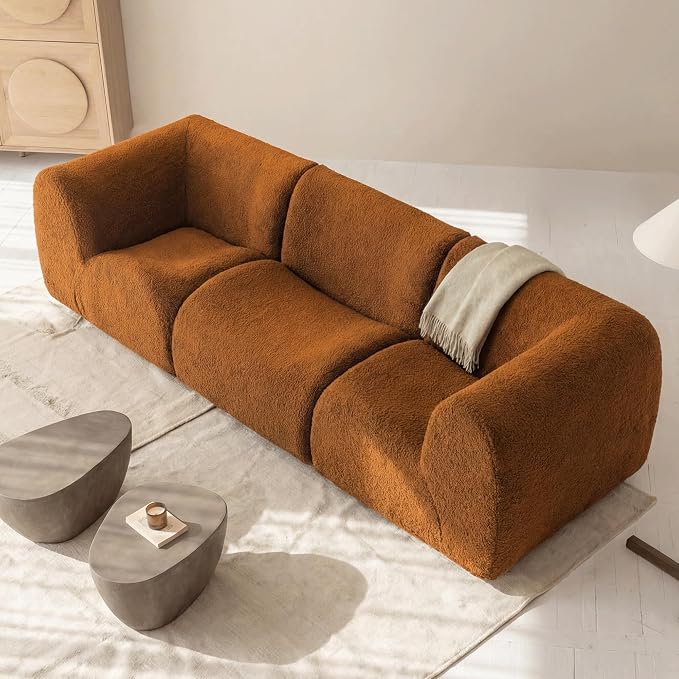 110" 3-Seater Modular Sectional Sofa, Sherpa Cloud Couch with Deep Seat Comfort, Boneless Curved Sofas with High-Density Foam Strong Support, Modern Cozy Sofa for Living Room – No Assembly, Brown