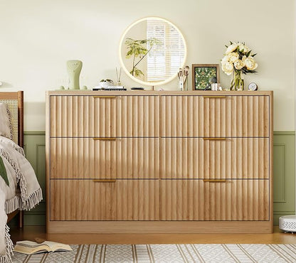TEENFON Fluted 6 Drawer Dresser for Bedroom, Wide Modern Chest of Drawers with Metal Handle, Curved Profile Design, Wood Closet Clothes Storage Organizer for Bedroom, Hallway, Natural