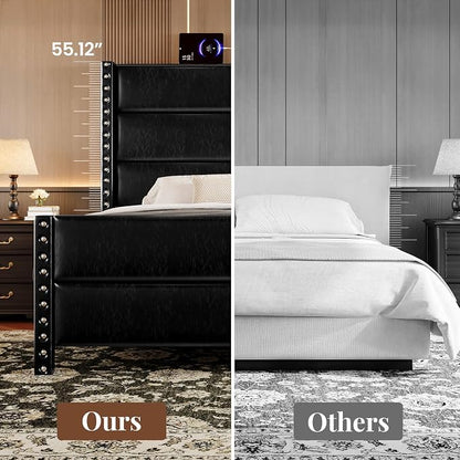 Queen Bed Frame with Storage Shelf & Charging Station, 55" Tall Headboard & 25.6" Footboard, Faux Leather Upholstered Platform Bed with Big Rivets Wingback, Heavy Duty & Noise-Free, Black