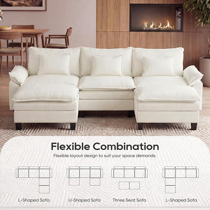 URRED Oversized Modular Sectional Sofa, 122" U Shaped Modern Comfy Cloud Couch with Movable Ottoman & Pillows, Deep Seat Couches for Living Room, Bedroom or Apartment (Chenille Beige, 122" U Shaped)