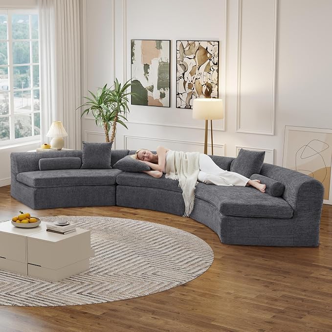 AVZEAR Curved Modular Sectional Sofa, Chenille Upholstered Cloud 3 Seater Couch for Living Room, No Assembly Modern Love Seat Sofa with 3 Bolster Pillows & 3 Square Pillows, High-Density Foam, Gray