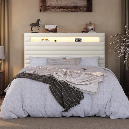 SHA CERLIN Full Bed Frame with LED Light & 2-Tier Storage Shelf, Velvet Upholstered Adjustable Headboard with Charing Station, Horizontal Channel Tufted, No Box Spring Needed, Easy Assembly, Cream