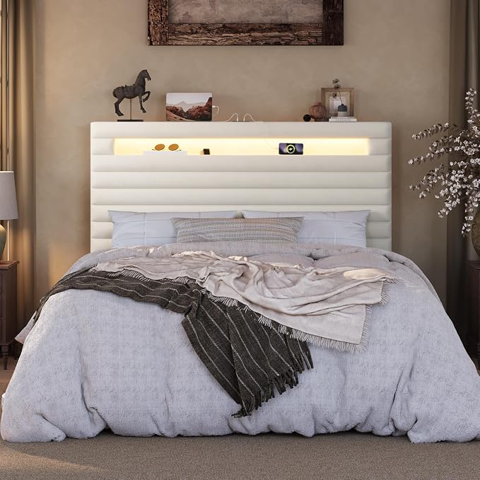 SHA CERLIN Queen Bed Frame with LED Light & 2-Tier Storage Shelf, Velvet Upholstered Adjustable Headboard with Charing Station, Horizontal Channel Tufted, No Box Spring Needed, Easy Assembly, Cream