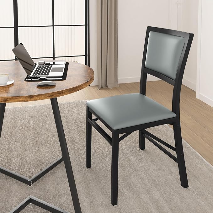 VECELO Folding Dining Chairs Set of 2, Metal Padded Foldable Seating with Comfortable Faux Leather, Space-Saving Portable Guest Seats for Kitchen & Office, No Assembly, Slate Grey