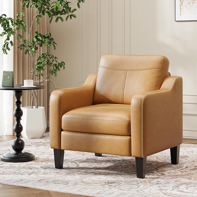 MALOL PU Leather Accent Chair, Mid-Century Modern Living Room Armchair Sofa with Removable Cushions, Solid Wood Frame & Stitched Armrest Design, Bedroom Chair with Plastic Legs, Brown
