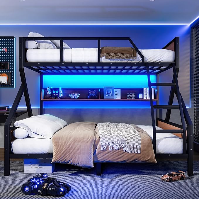 KEIKI Queen Over King Bunk Bed, Heavy Duty Metal Bunkbed with Storage Shelves, Lights, Bottom Space & Guardrail for Aldults Dorm Bedroom Guest Room, No Box Spring Needed, Noise-Free Design