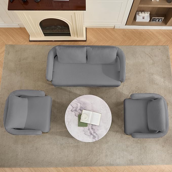 YISHENG Loveseat Sofa and 2 Accent Chairs Comfy Sofa Modern Accent Chairs for Living Room with Golden Legs Teddy Upholstered Reading Armchairs no Wheels for Reception Room//Bedroom/Lounge/Office,Grey