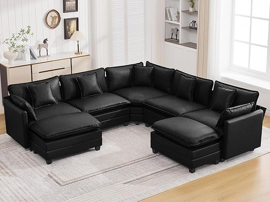 137'' V Shaped Cloud Sectional Sofa, Oversized Deep Seat Leather Couches for Living Room, Comfy Upholstered Modular Sectional Sofa Couch with 2 Movable Ottoman, Leather Black