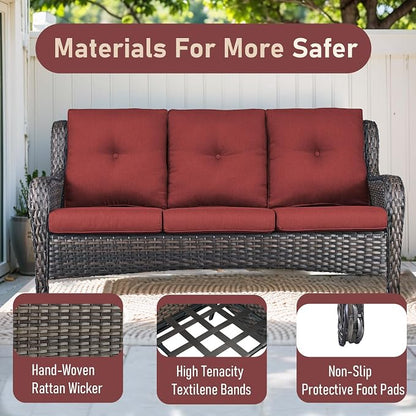 Outdoor Couch All Weather PE Wicker Patio Sofa Outdoor Sofa Deep Seating for Porch Deck Backyard-Brown/Red