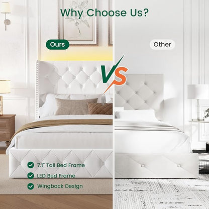 LARMACE King Size Bed Frame with LED Lights and 4 Storage Drawers Velvet Upholstered Platform Bed Frame with 47.2" Tall Tufted Headboard Wingback, No Box Spring Needed, Easy to Assemble, White