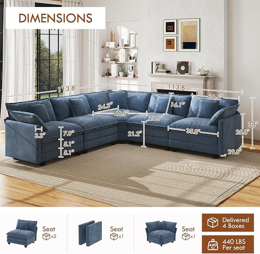 WorthFurni 114” Oversized Modular Sectional Sofa, 5-Seater V Shaped Cloud Couch Set, Comfy Chenille Deep Seat Sofa with 5 Throw Pillows, DIY Combination for Living Room (Blue)