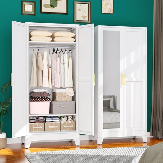71" Metal Armoire Wardrobe Closet, Steel Clothing Storage Cabinet with Mirror and Adjustable Shelves, Household Steel Wardrobes Storage Cabinet with Adjustable Standing Feet and Hanging Rod（White）