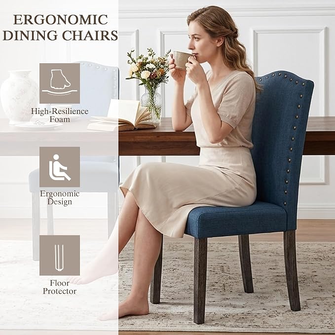 LSSBOUGHT Dining Chair Upholstered Parsons Kitchen Chair with Copper Nails and Solid Wood Legs (Blue-Fabric, Set of 6)