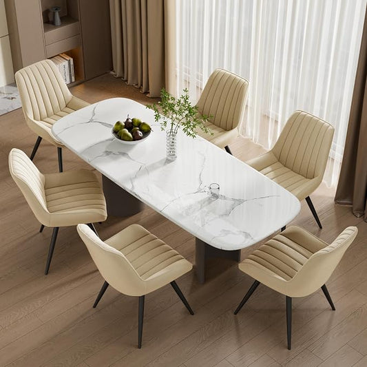 Mid Century Modern Dining Chairs Set of 6, Soft Cushion Upholstered Fabric Kitchen Chairs, Dark Beige