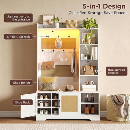 Maupvit 67" Tall Modern Boho Hall Tree with Bench and Shoe Storage, Entryway Fluted Coat Tree, Mudroom Bench with Rattan Door, 7 Coat Hooks, Adjustable LED Light for Garage, Halls,Rustic White