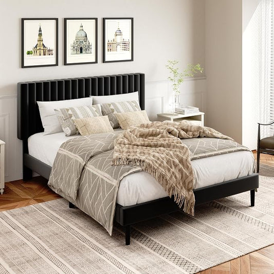 HAOARA Full Size Platform Bed Frame with Velvet Upholstered Headboard, Full Bed Frame with Strong Wood Slats, Mattress Foundation, Box Spring Optional, Easy Assembly, Black