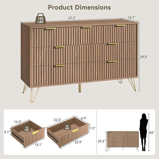 Fluted 7 Drawers Dresser for Bedroom, Wood Dressers with Scratch-Proof Golden Handles, Natural Curved Profile, Modern Chest for Living Room, Hallway, Entryway, Natural Oak