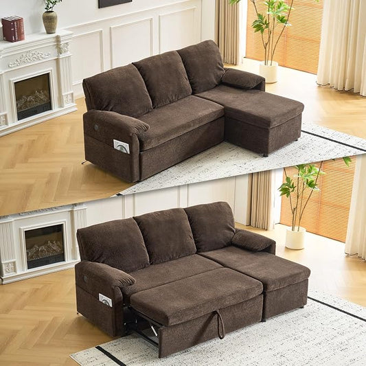 VINGLI Sectional Sleeper Sofa with Pull Out Couch Bed, 85 Inch L-Shaped Convertible Sofa Bed, 5 Seat Modular Sectional Couches for Living Room with Storage Chaise, USB Charging, Side Pockets