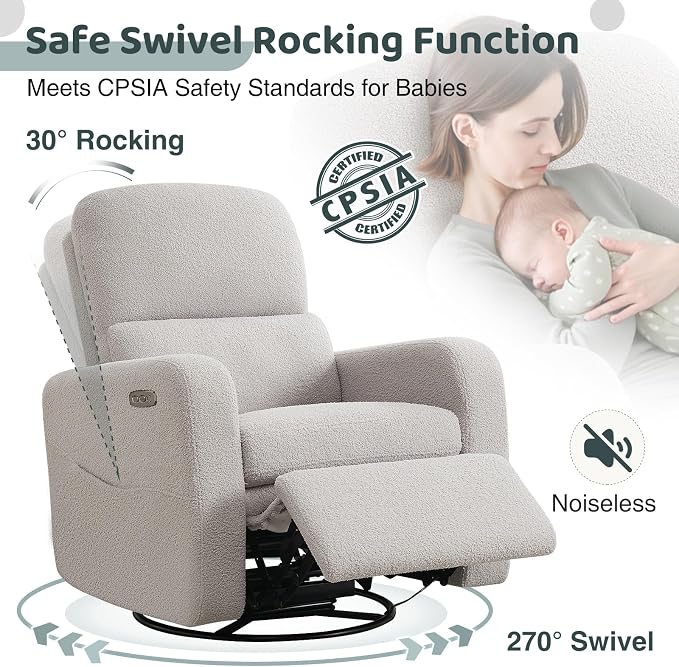 Power Swivel Rocker Recliner, Oversized Electric Boucle Recliner Chair, Teddy Swivel Glider Nursery Reclienr with Removable Cushion, Upholstered Recling Chair for Living Room Bedroom, Grey