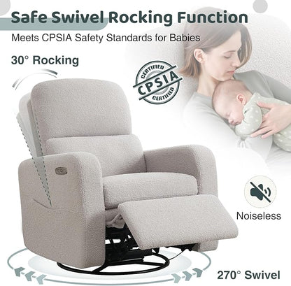 Power Swivel Rocker Recliner, Oversized Electric Boucle Recliner Chair, Teddy Swivel Glider Nursery Reclienr with Removable Cushion, Upholstered Recling Chair for Living Room Bedroom, Grey