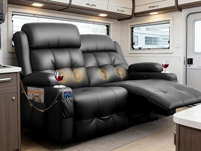Reclining Loveseat, 55.1" RV PU Leather Wall Hugger Recliner Love Seats Sofa with Charging Station, Removable Armrest, Cup Holder, Double Recliners Couch, Manual Love Seat for Living Room