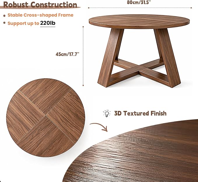 Round Coffee Table, 31.5" Modern Unique Farmhouse Coffee Table for Living Room with Walnut Wood Grain,Small Coffee Table with Open Storage, Circle Center Table with Cross Base,Rustic Brown