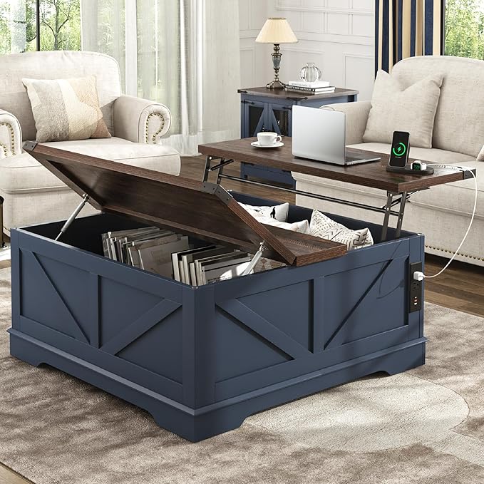 Hlivelood 40” Large Farmhouse Lift Top Coffee Table with Power Outlets and Large Hidden Storage, Square Wood Living Room Tables, Multi-Function Lift Wooden Barn Door Center Table, Blue