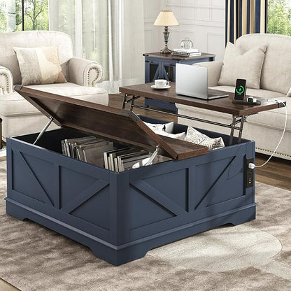 Hlivelood 40” Large Farmhouse Lift Top Coffee Table with Power Outlets and Large Hidden Storage, Square Wood Living Room Tables, Multi-Function Lift Wooden Barn Door Center Table, Blue