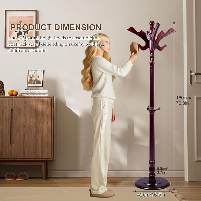 Wooden Coat Rack Freestanding with 11 Hooks, Adjustable Height Coat Tree Free Standing Heavy Duty for Entryway, Easy Assembly Solid Wood Sturdy Coat Hats Hanger Stand for Office Hallway Bedroom