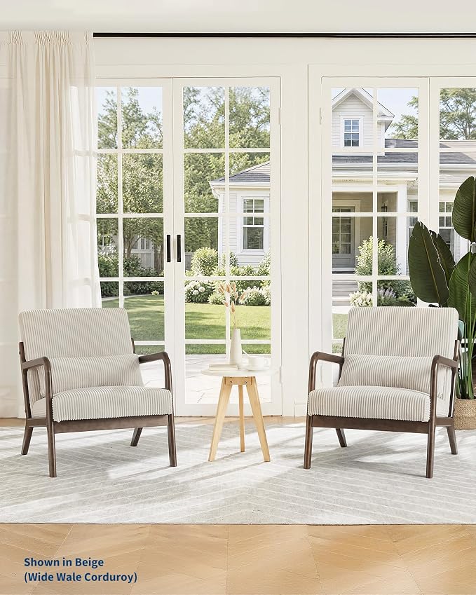 Garvee Mid-Century Modern Accent Chair, Wide-Wale Corduroy Upholstery, Solid Wood Armchair with Removable Lumbar Pillow, Sturdy Reading Chair for Living Room, Bedroom, Guest Room, Easy Assembly, Beige