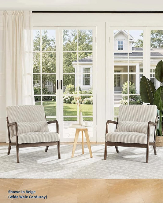 Garvee Mid-Century Modern Accent Chair, Wide-Wale Corduroy Upholstery, Solid Wood Armchair with Removable Lumbar Pillow, Sturdy Reading Chair for Living Room, Bedroom, Guest Room, Easy Assembly, Beige