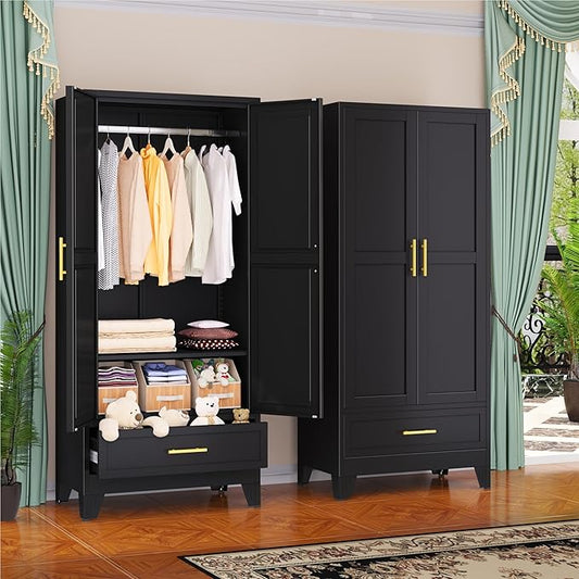 GAIOUS Metal Armoire Wardrobe Closet Cabinet with 2 Doors and Drawer, 71" | Household Wardrobe Cabinet with Hanging Rod, Clothing Storage Cabinet with Adjustable Shelf for Bedroom Cloak Room Gym Black