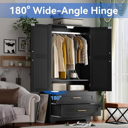 Wooden Armoire Wardrobe Closet, Bedroom Armoires with Door and Drawers, Freestanding Wardrobe Clothing Storage Cabinet with Shelves and Hanging Rod for Bedroom, Laundry Room, Cloak Room（Black）